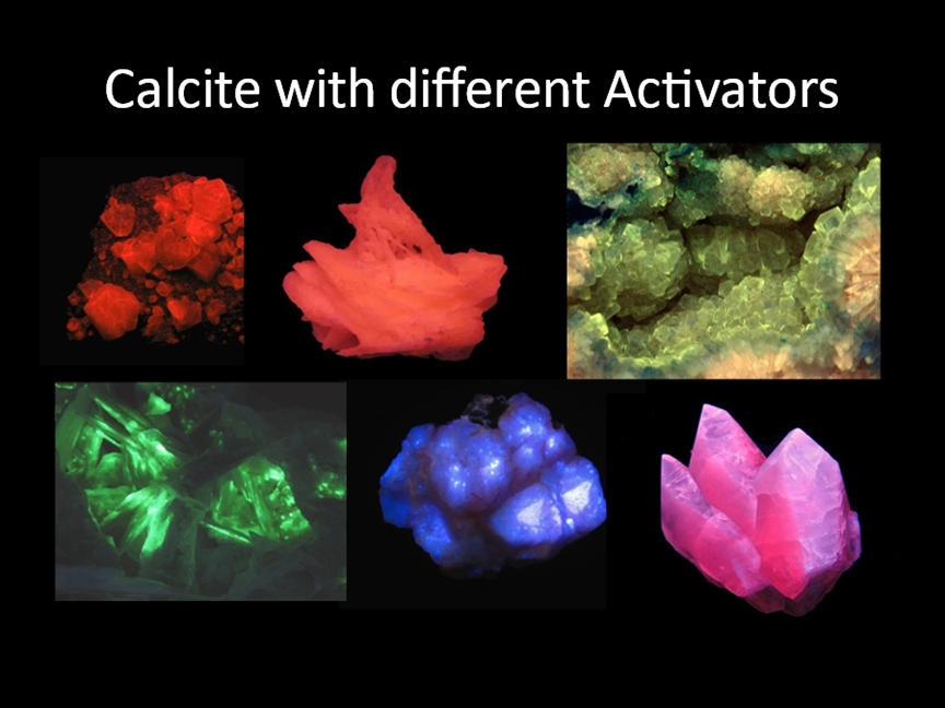 In Calcite mineral specimens different UV fluorescent colors are produced by different activators

